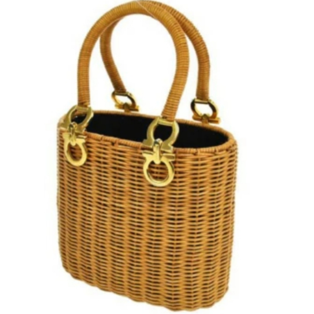 Vintage Salvatore Ferragamo Gancini wicker bucket woven rattan tote bag. Rare